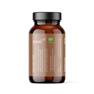 SOULEL Organic Dirt herbal greens powder in glass jar with organic plant nutrients and superfood botanicals