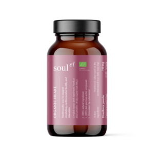 SOULEL Organic Heart herbal powder in glass jar with organic botanicals traditionally used for cardiovascular wellbeing